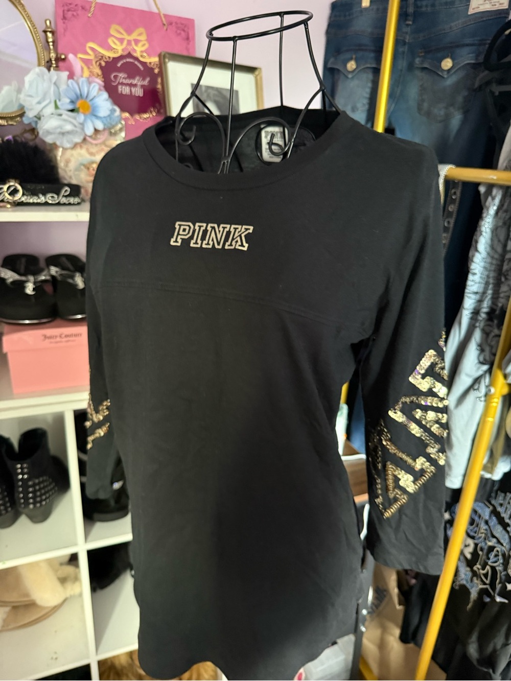 PINK Victoria's Secret Black Long Sleeve Logo Tee with Gold Accent